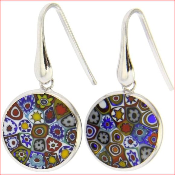 Sterling Silver Murano Glass Dangle Earrings with Millefiori Pattern